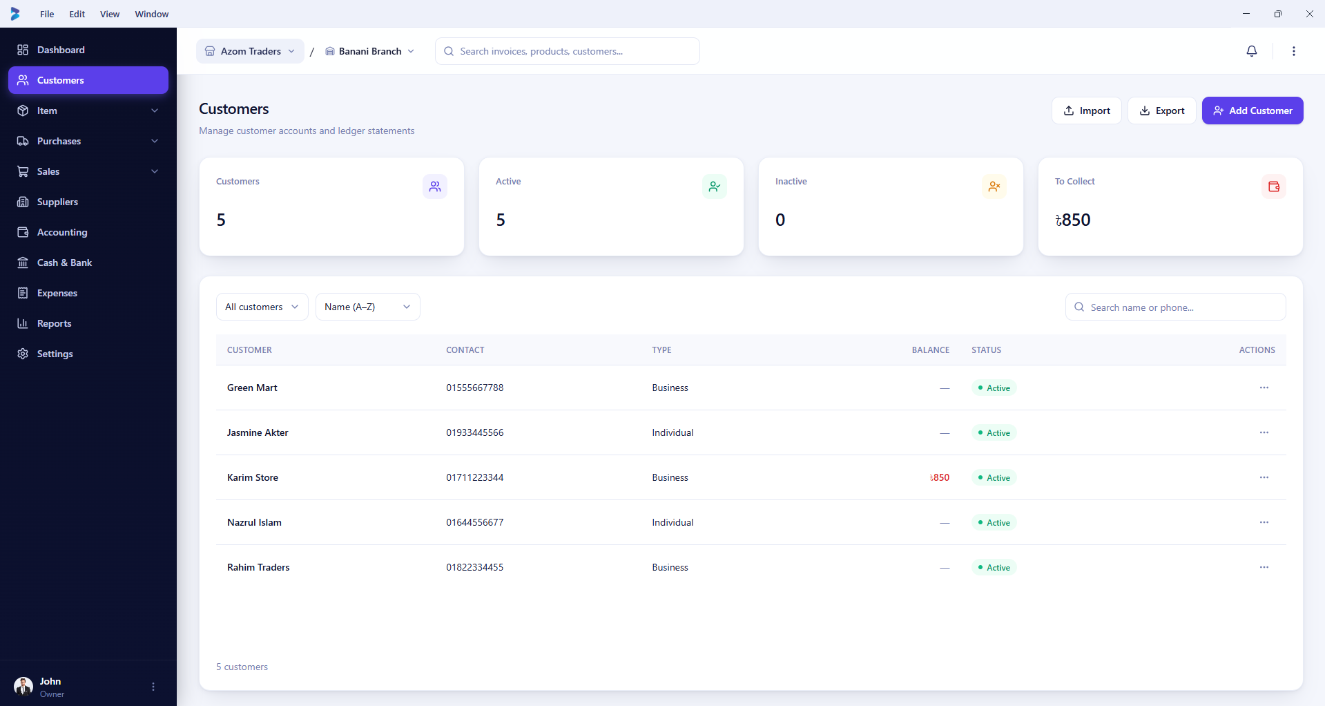 Biznex customer list with running balances