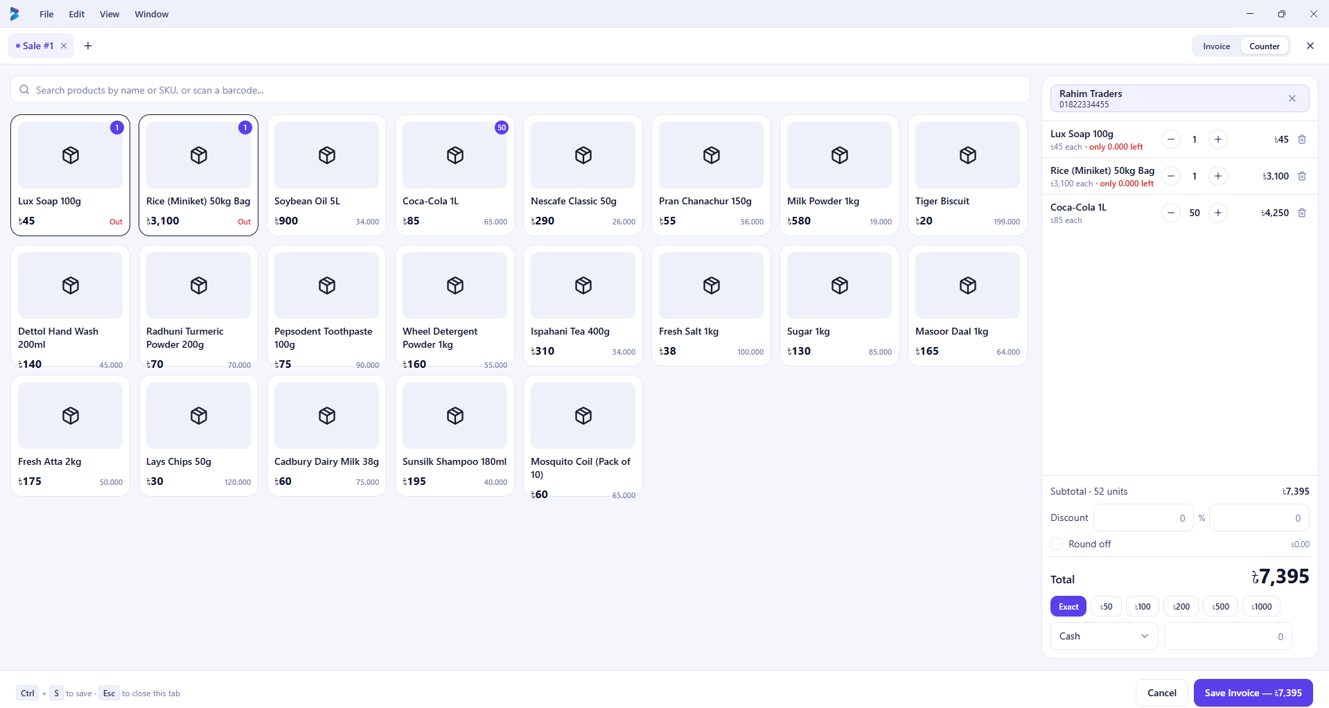 Biznex Sale screen in Counter mode, visual product grid for fast tap-to-add billing